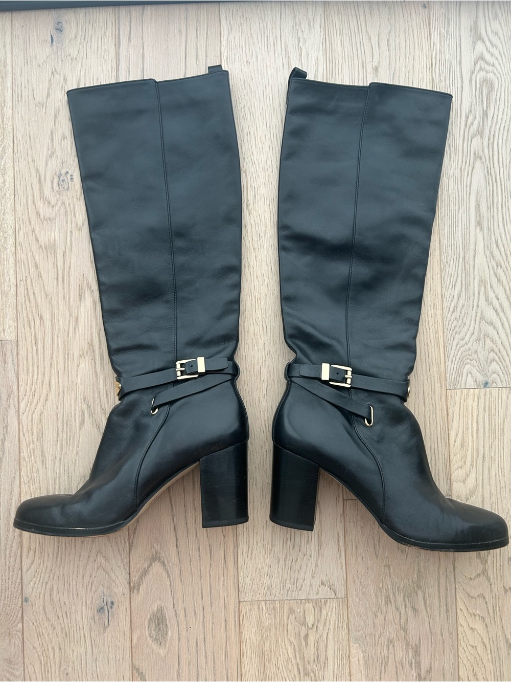 Michael Kors Black Leather Knee-High Buckle Heeled Boots